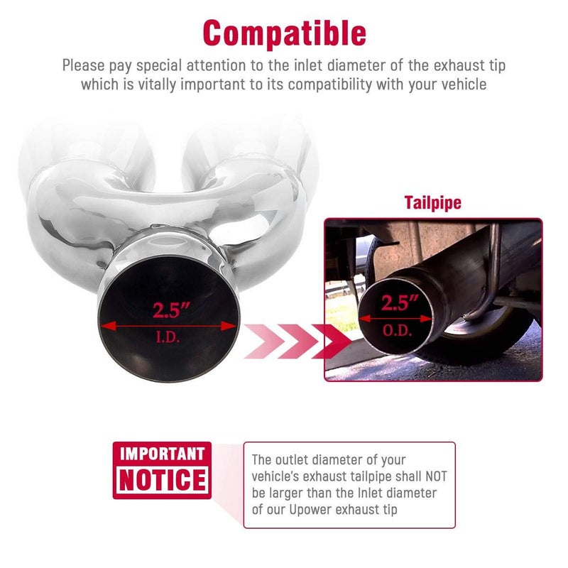 Upower 2.5" to 3" Dual Exhaust Tip 2 1/2 Inch Inlet 3 Inch Outlet 9.5" Length Weld On Exhaust Tailpipe Tips 304 Polished Stainless Steel 1.2mm Thickness Double Wall Slant Rolled Edge - Image 2